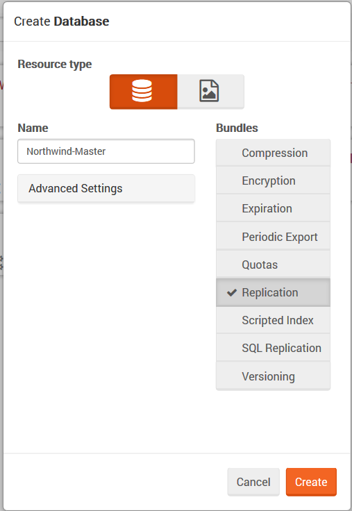 Figure 1. Studio. Replication. Master. Create database.