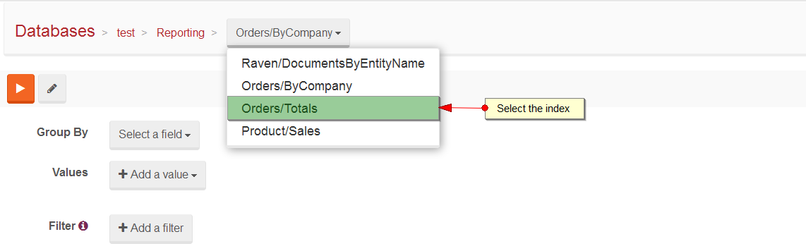 Figure 3. Studio. Reporting View. Select the index.
