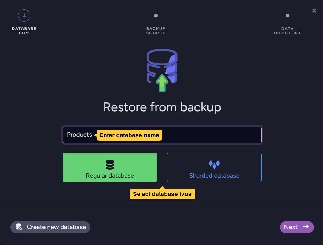 New database name and type