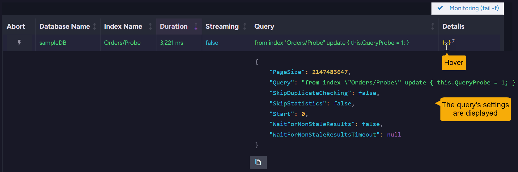 The details of a query