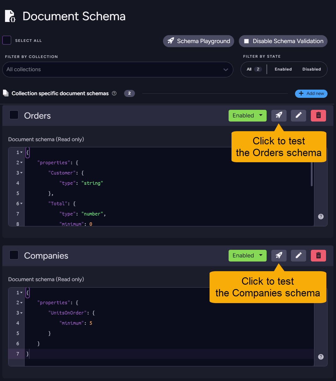 Test collection schema