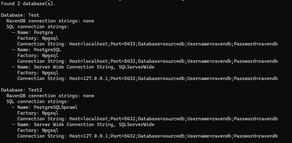 Console output listing duplicate SQL connection strings found across two databases