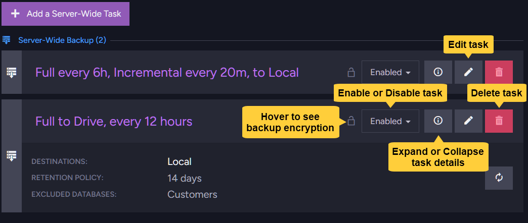 Backups view with tasks