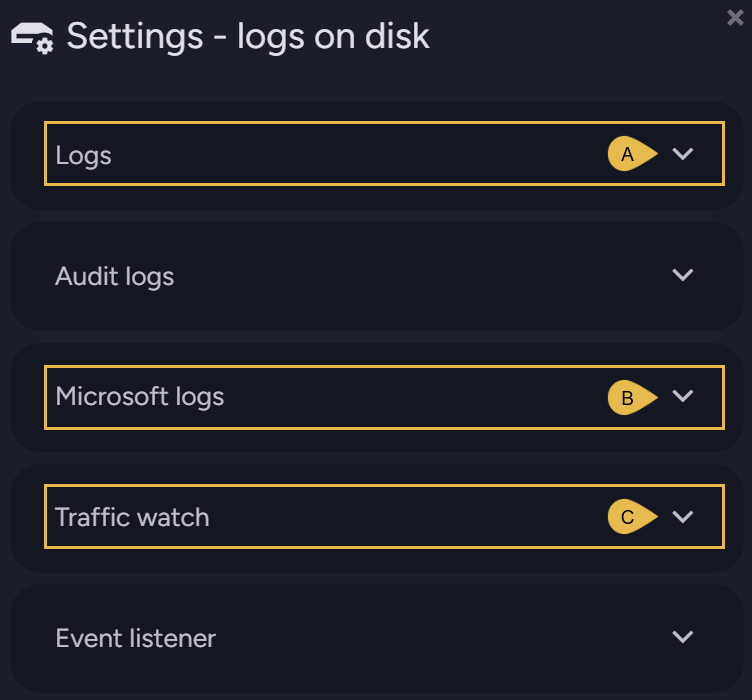 Settings logs on disk