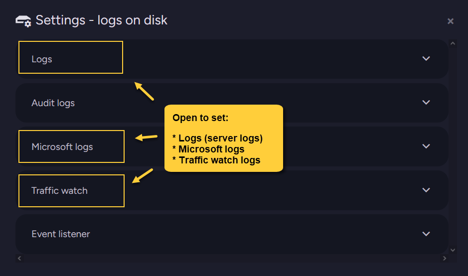 Settings logs on disk