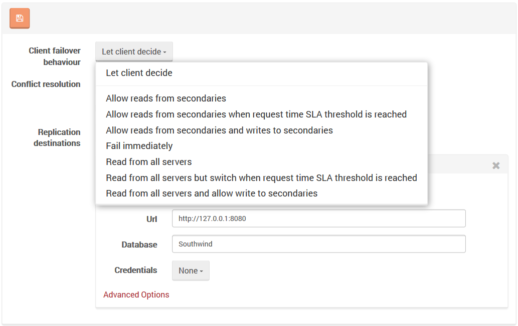 Figure 1. Settings. Replication. Client failover behavior.