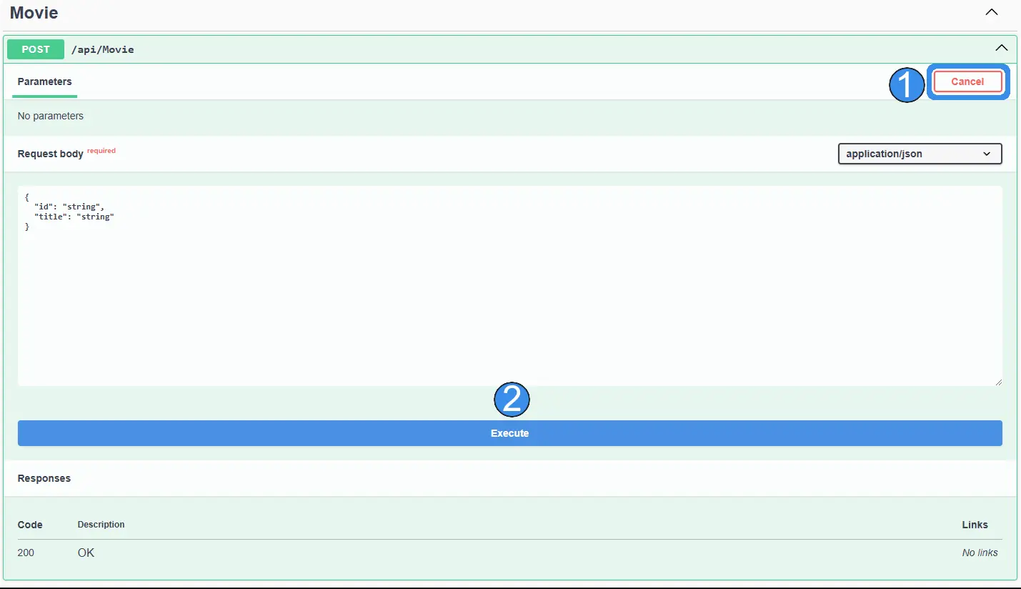 Swagger UI showing the Create endpoint test