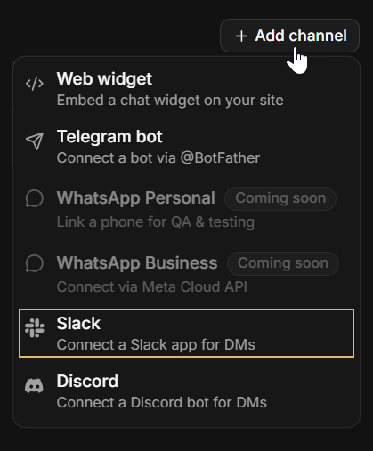 The Add channel menu