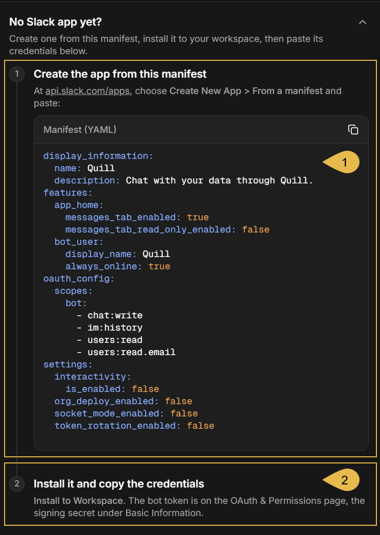 The manifest in the New Slack channel form