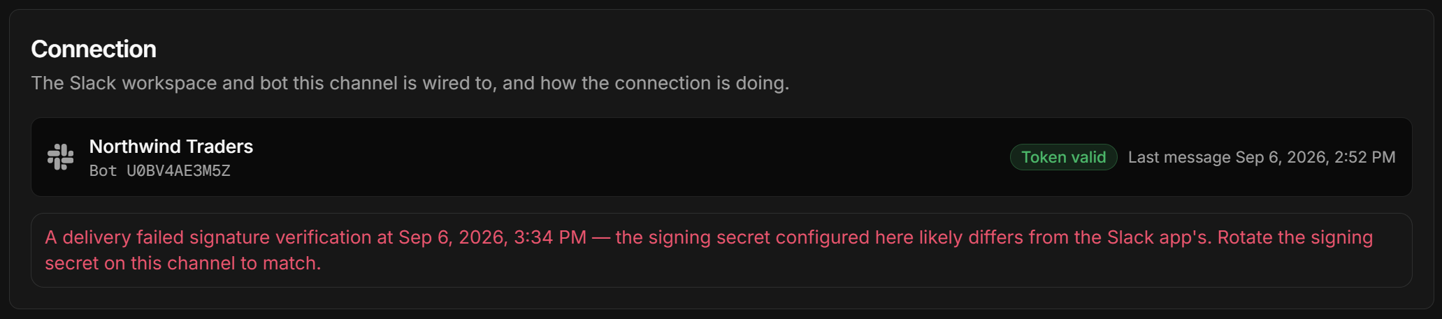 The Connect tab with a failed signature verification
