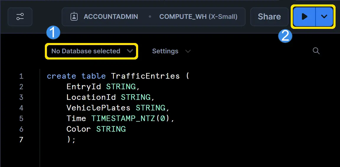 Snowflake SQL worksheet with the database destination dropdown (1) and the Run button (2) highlighted, showing the create table TrafficEntries statement