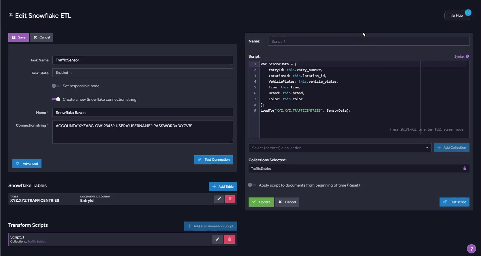 RavenDB Studio Edit Snowflake ETL task form showing the Snowflake connection string, table mapping, and transformation script