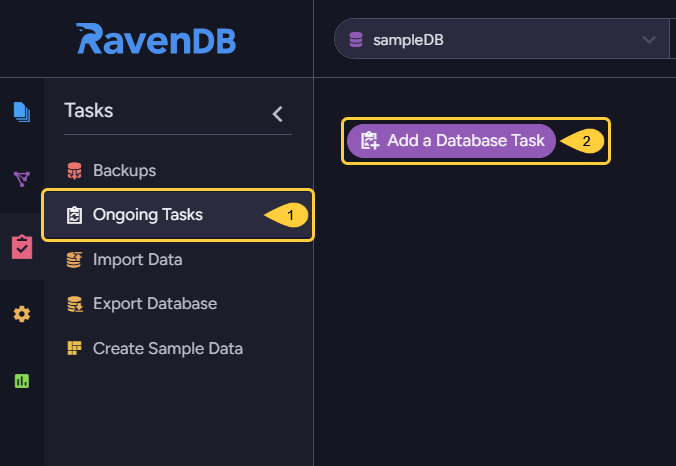 Open the &#39;Add a Database Task&#39; window