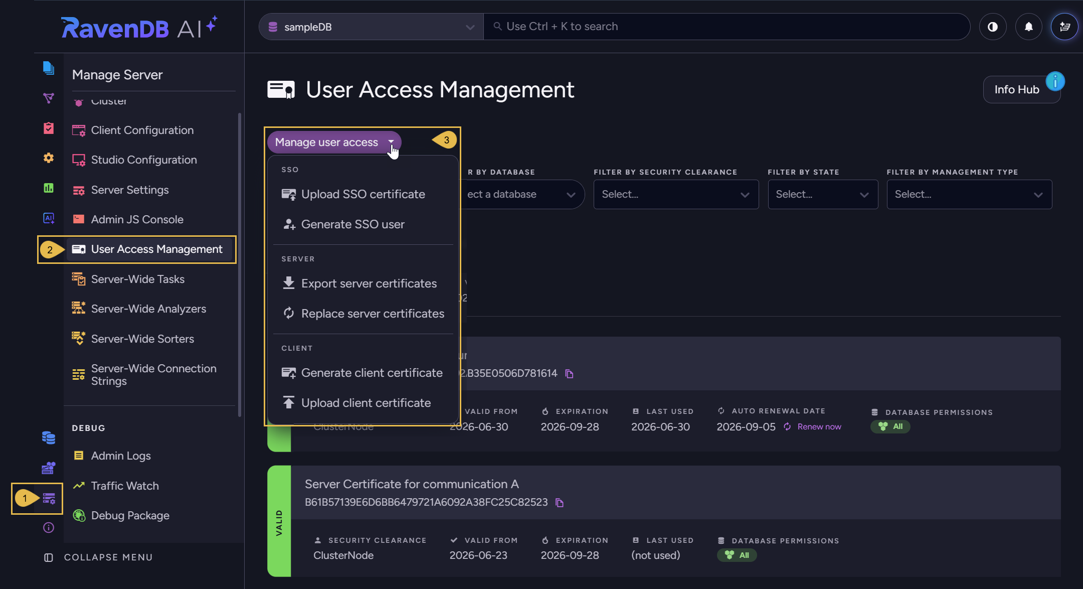 Manage user access menu
