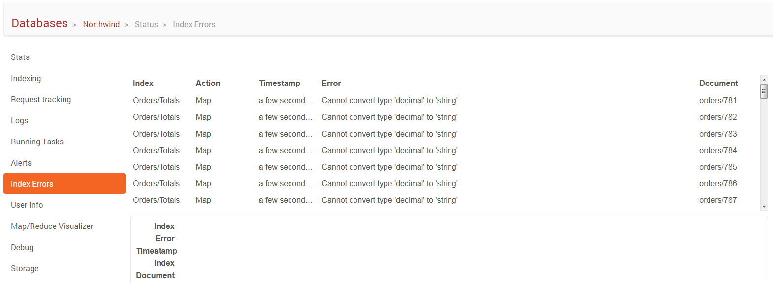 Figure 2. Studio. Status. Index Errors. List of errors.