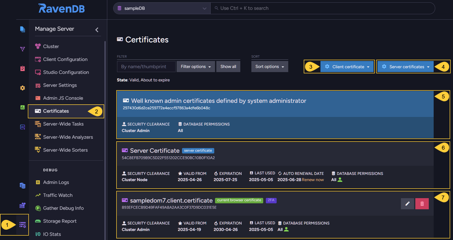 Studio Certificates Management View
