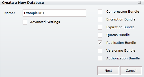 Figure 1: Create ExampleDB1 database with Replication bundle enabled