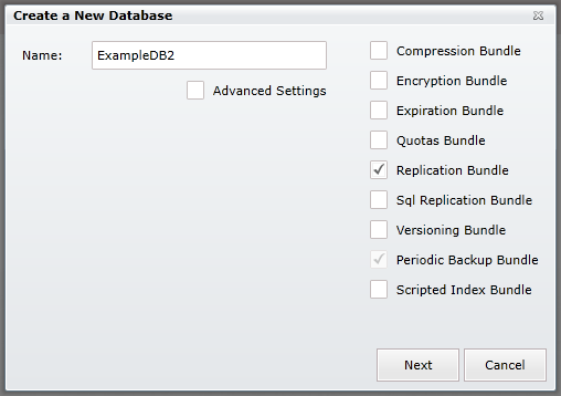 Figure 4: Create ExampleDB2 database with Replication bundle enabled