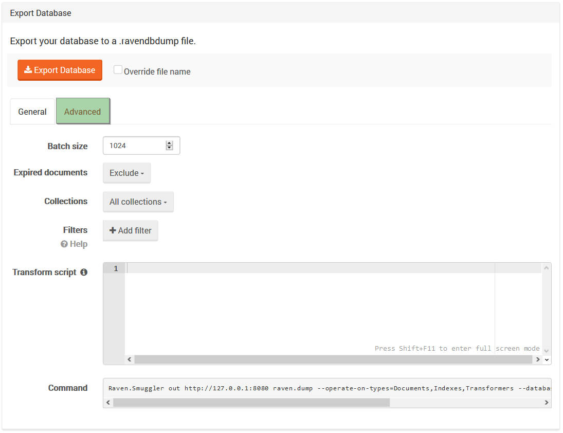 Figure 3. Tasks. Export Database Tab. Advanced Tab.