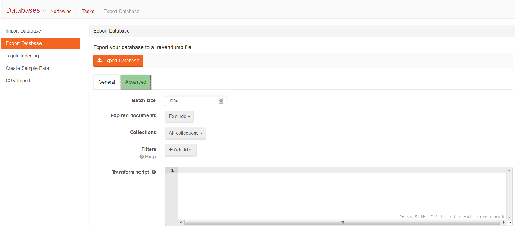 Figure 3. Tasks. Export Database Tab. Advanced Tab.
