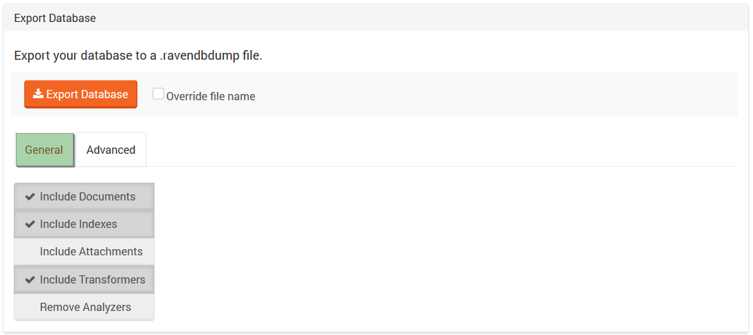 Figure 2. Tasks. Export Database Tab. General Tab.