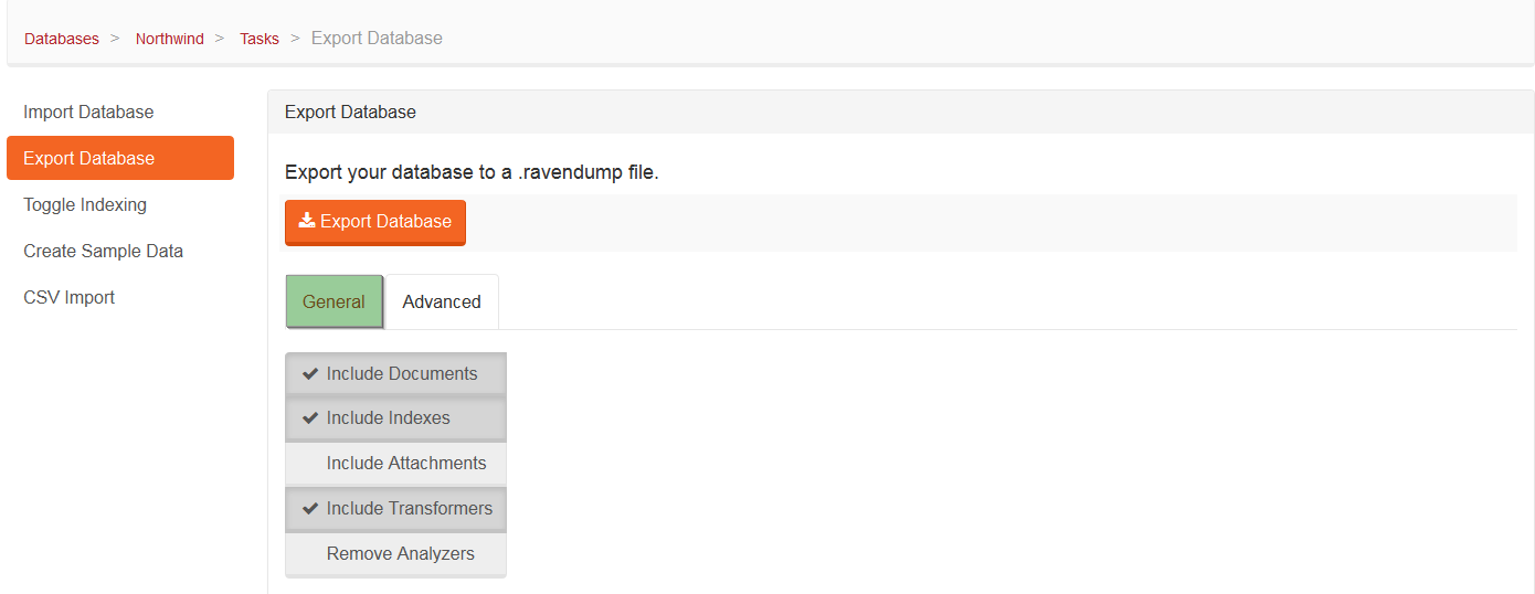 Figure 2. Tasks. Export Database Tab. General Tab.