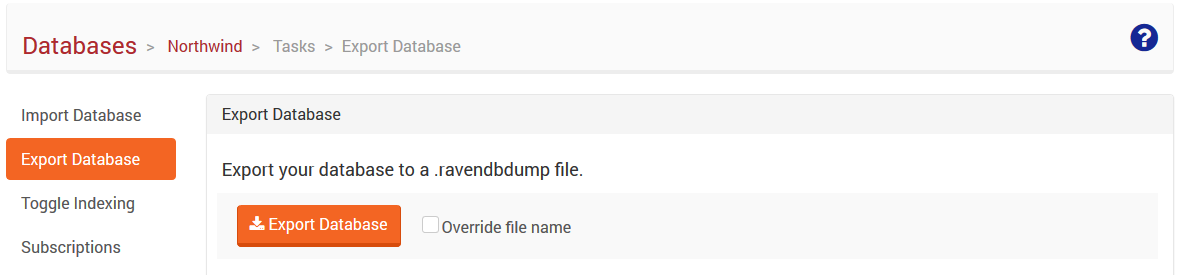 Figure 1. Tasks. Import and Export Database Tab.