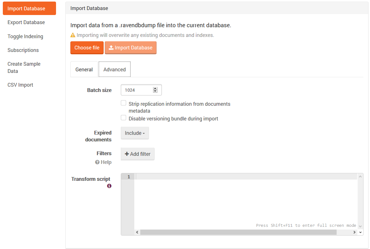 Figure 5. Tasks. Import Database Tab. Advanced Tab.