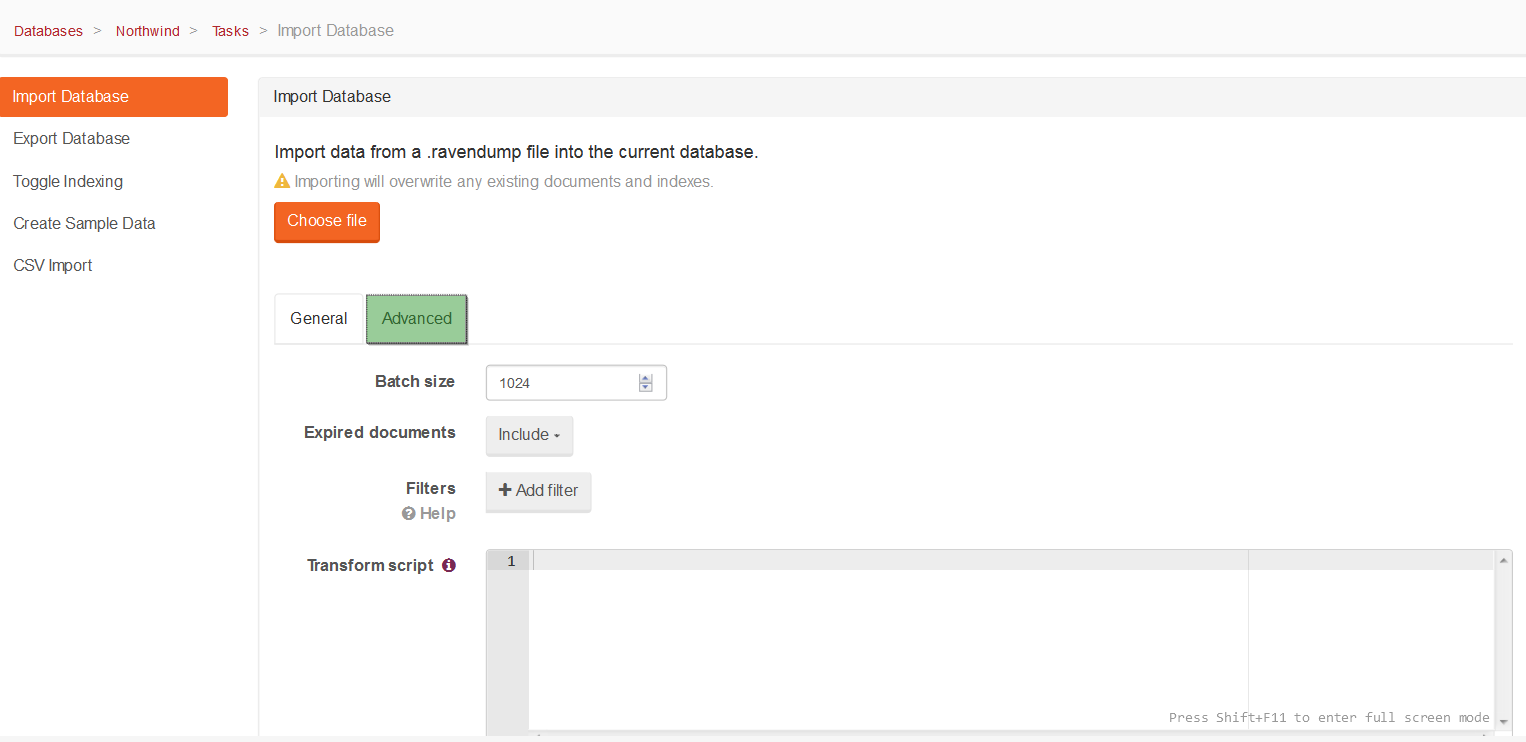 Figure 5. Tasks. Import Database Tab. Advanced Tab.