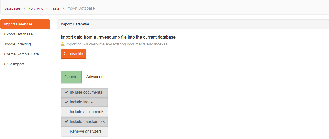 Figure 4. Tasks. Import Database Tab. General Tab.