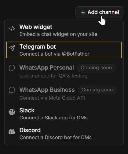 The Add channel menu