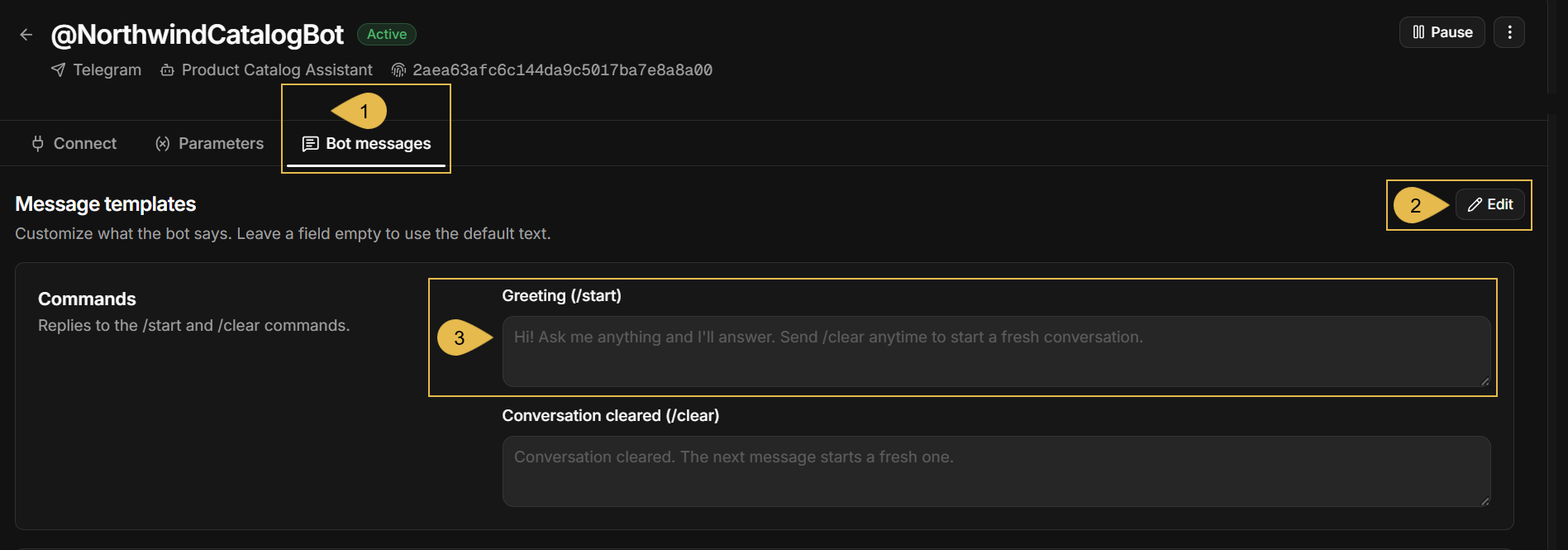 The Bot messages tab