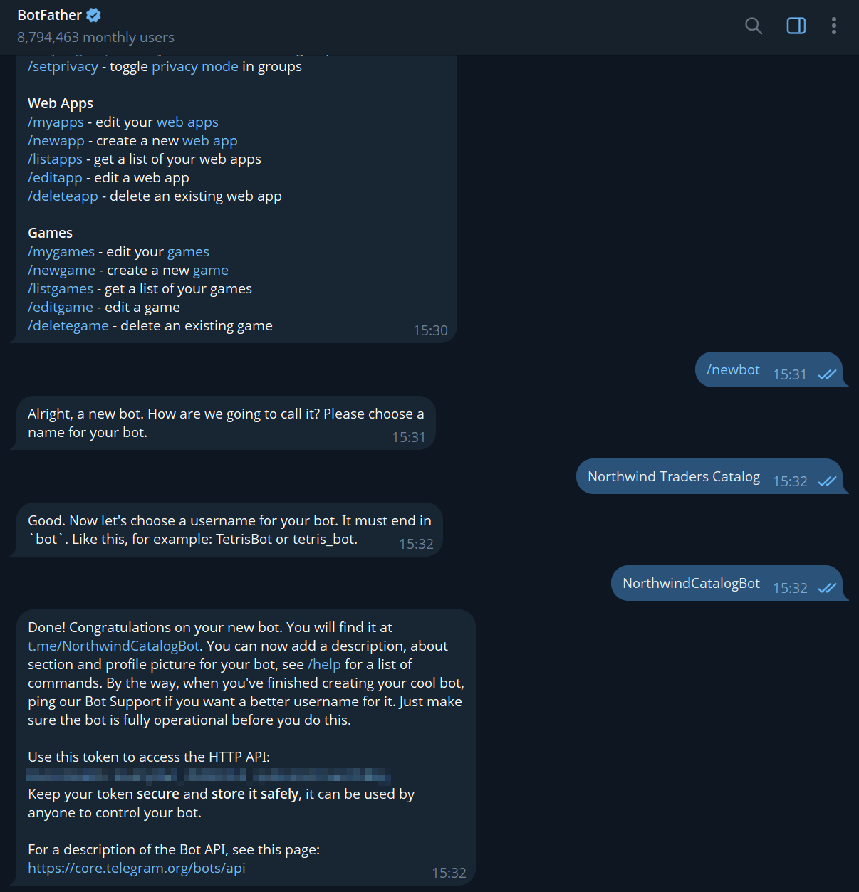 Creating the bot with @BotFather