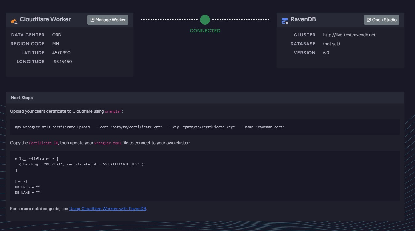 Successfully connected to RavenDB welcome screen from Cloudflare (unauthenticated) Successfully connected to RavenDB welcome screen from Cloudflare