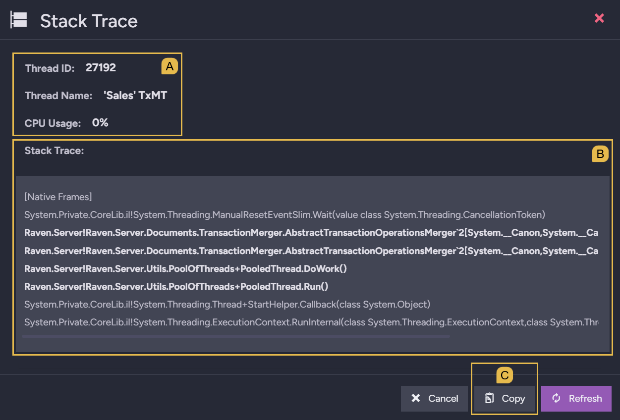 The thread stack trace dialog