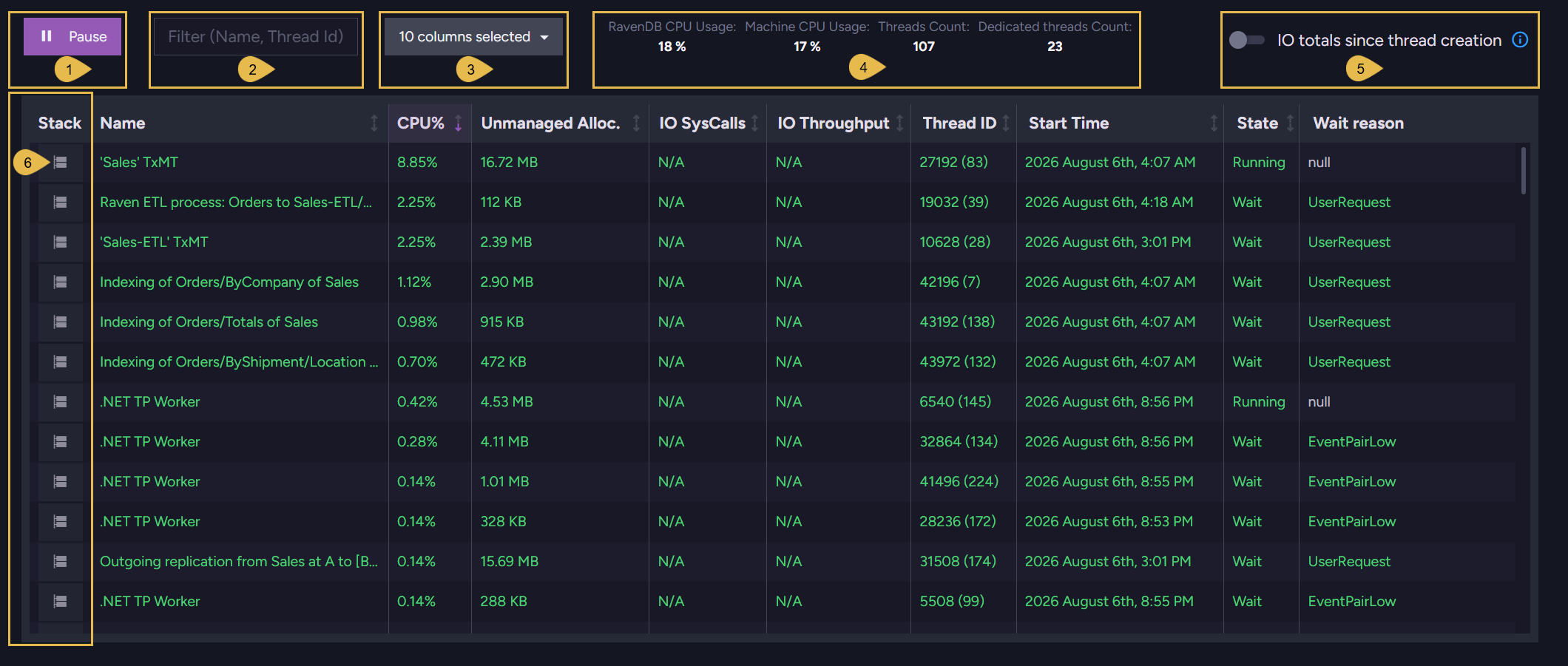 The Threads Runtime Info tab