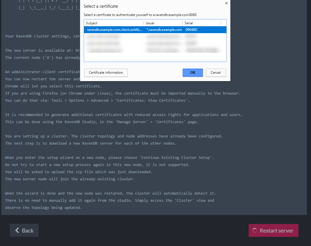 Restart and choose certificate