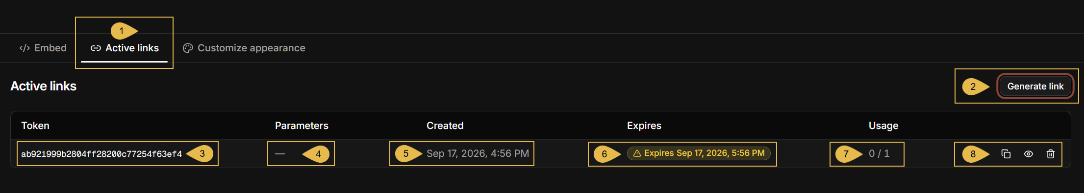 The Active links tab