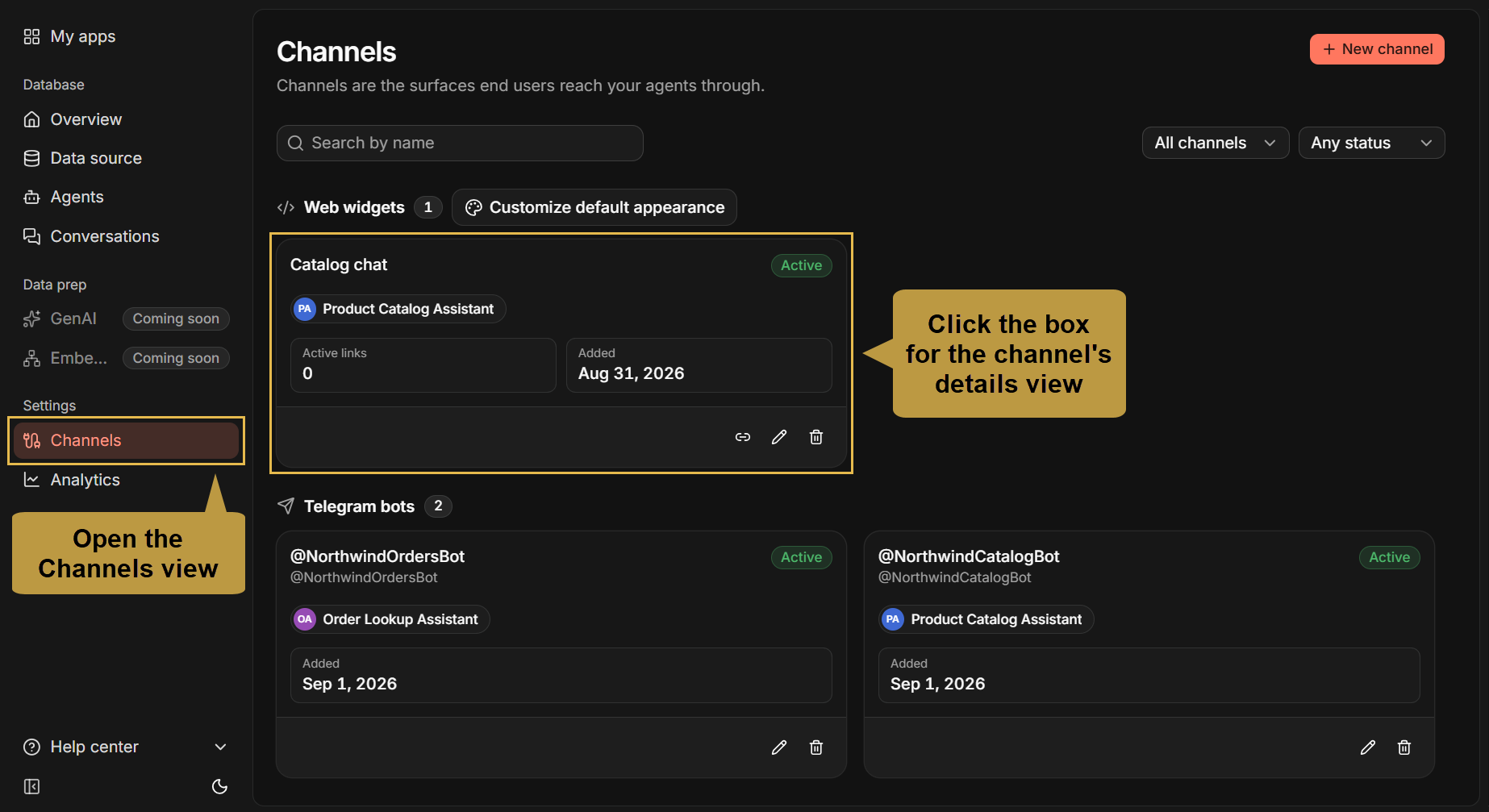 Open the channel's details view