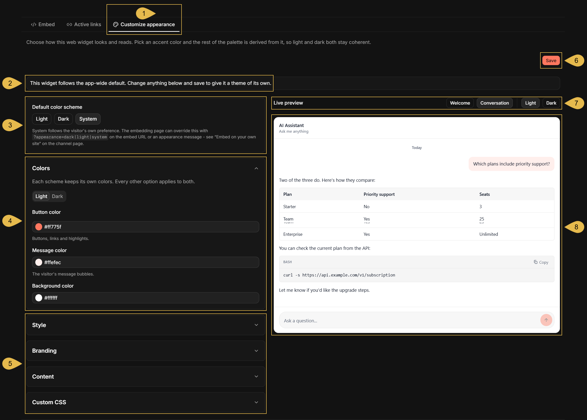 The Customize appearance tab