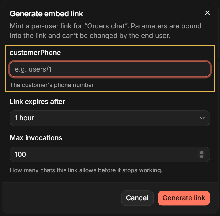 An agent parameter in the Generate embed link dialog