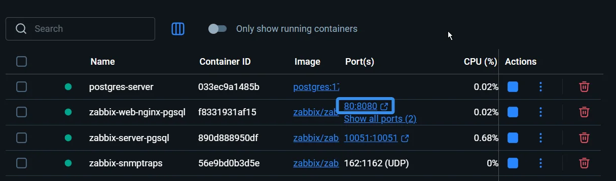 Docker Desktop showing the Zabbix web container with a port link to open the web UI