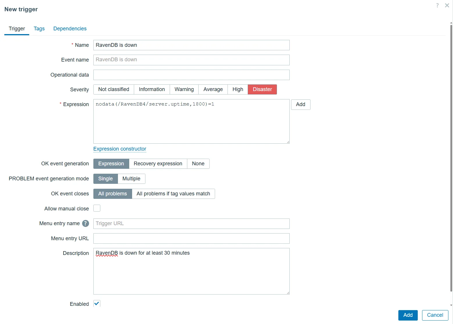 Zabbix host Triggers list showing existing template triggers with the Create Trigger button