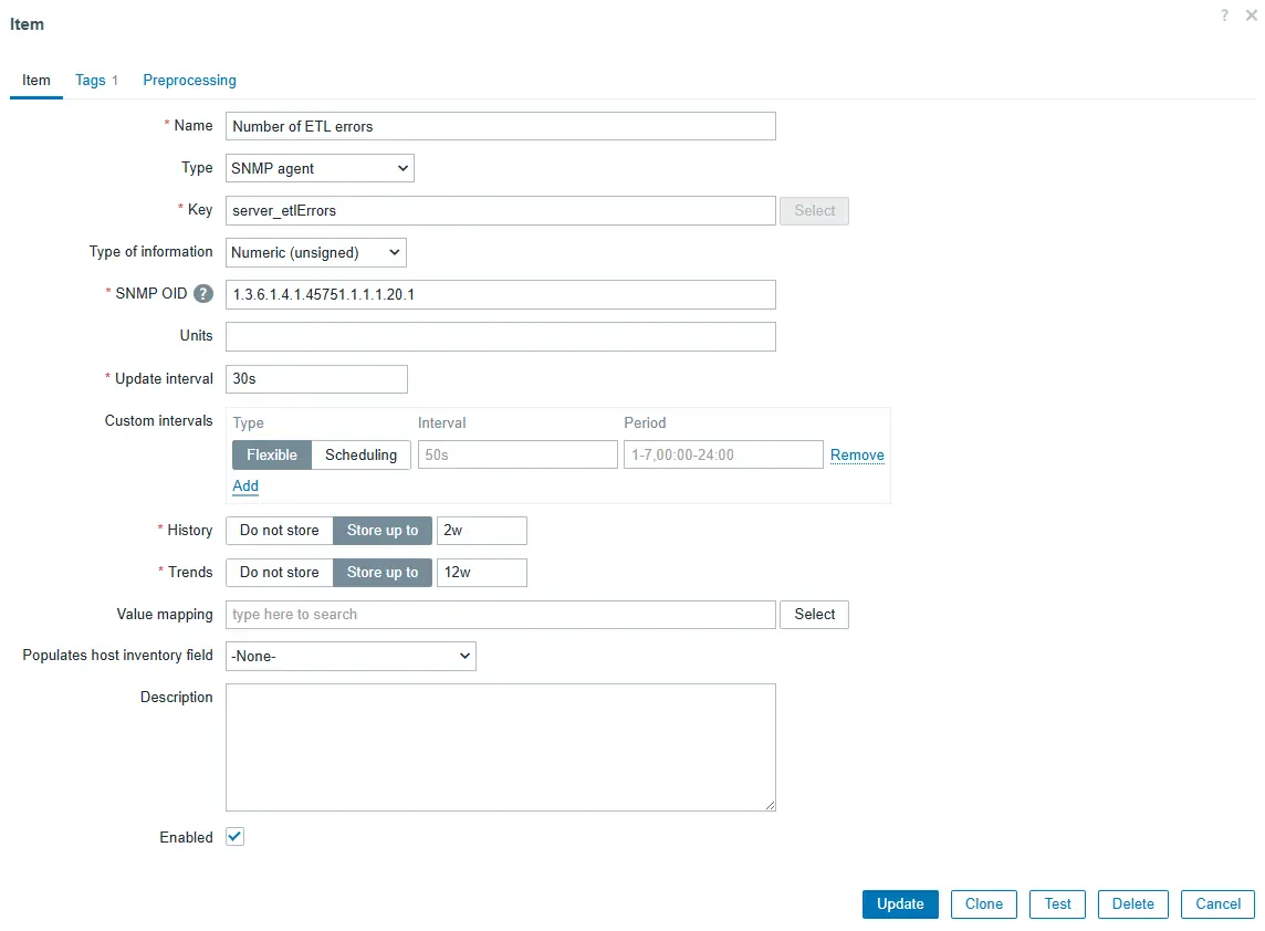 Zabbix Create Item form configured as an SNMP Agent item for monitoring ETL errors, showing the item name, key, and SNMP OID fields