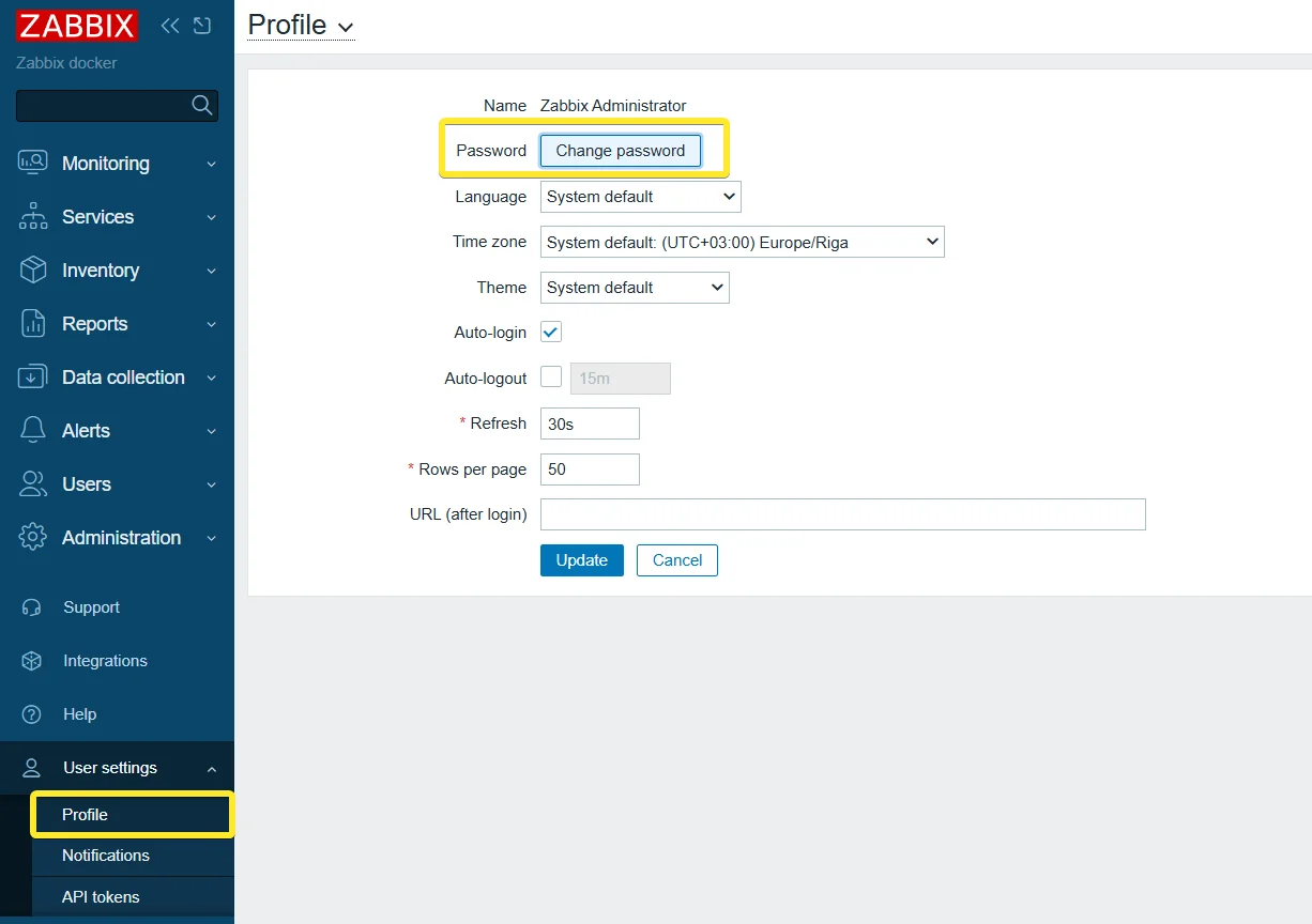 Zabbix User Settings profile tab with password change option
