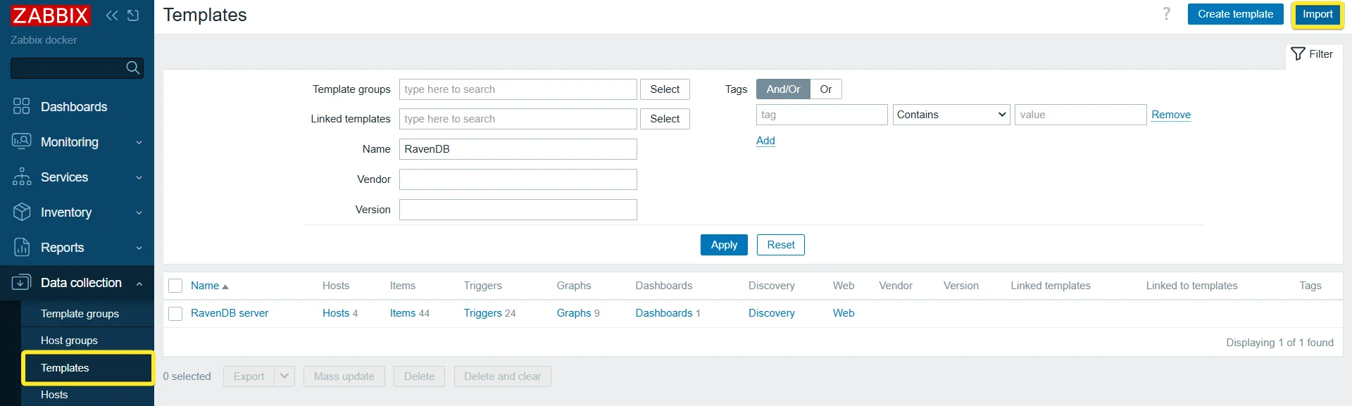 Zabbix Data Collection Templates page with the Import button highlighted