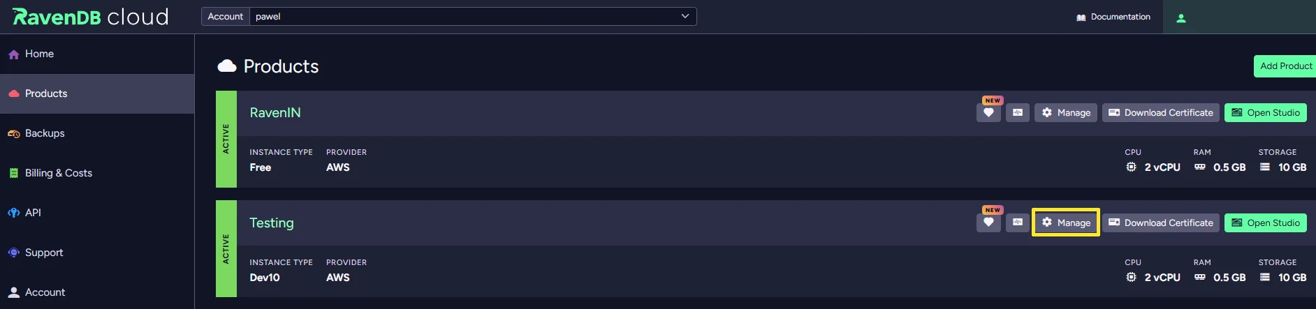 RavenDB Cloud instance Manage page showing product features