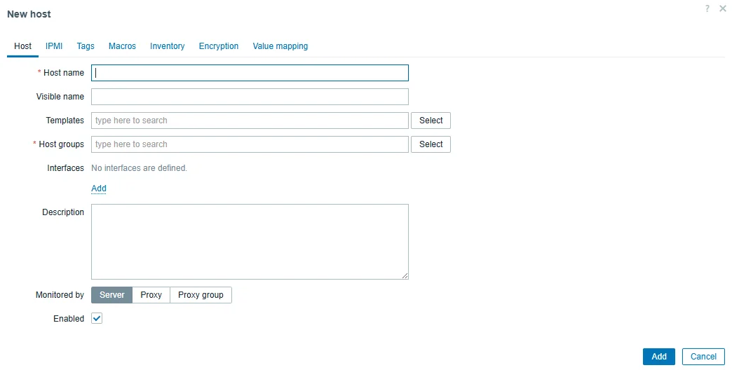 Zabbix Monitoring Hosts list with the Create Host button in the top-right corner