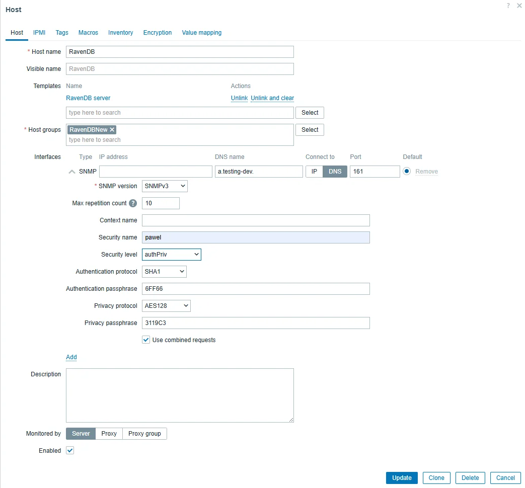 Zabbix Create Host form filled with RavenDB SNMPv3 connection settings including host name, template, interface, and credentials