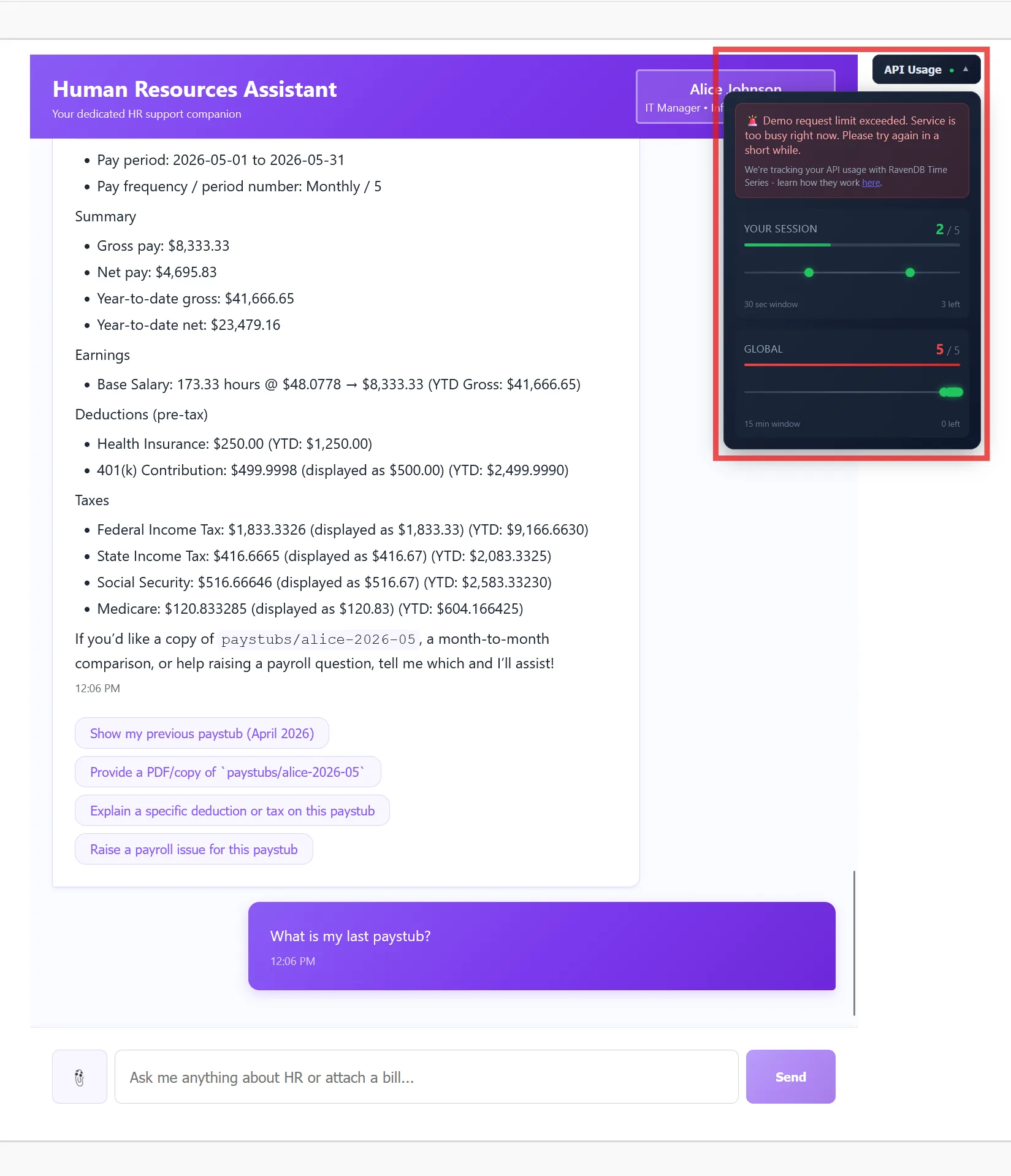 Human Resources Assistant API usage dashboard
